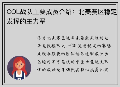 COL战队主要成员介绍：北美赛区稳定发挥的主力军