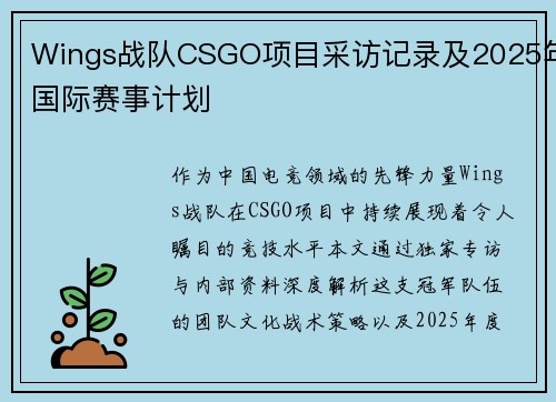 Wings战队CSGO项目采访记录及2025年国际赛事计划